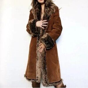 WILSONS LEATHER Penny Lane Coat BROWN Faux Fur BOHO Long Coat - Sz L